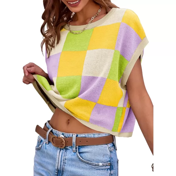 imageSaodimallsu Womens Cap Sleeve Crop Tops Summer Color Block Going Out Crew Neck Knit Trendy Casual SweaterPurpleyellow