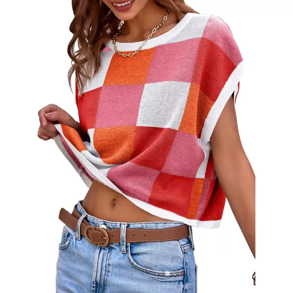 imageSaodimallsu Womens Cap Sleeve Crop Tops Summer Color Block Going Out Crew Neck Knit Trendy Casual SweaterRed