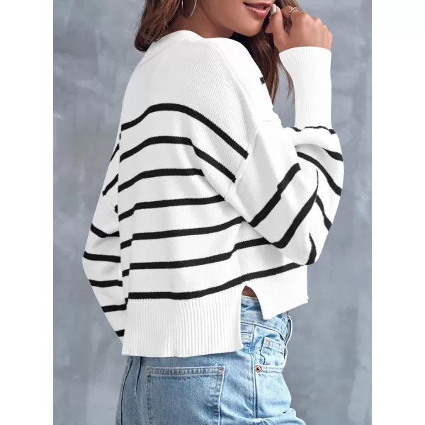 imageSaodimallsu Womens Cropped Striped Sweaters Oversized Batwing Long Sleeve Crew Neck Crop Tops Knit Pullover White