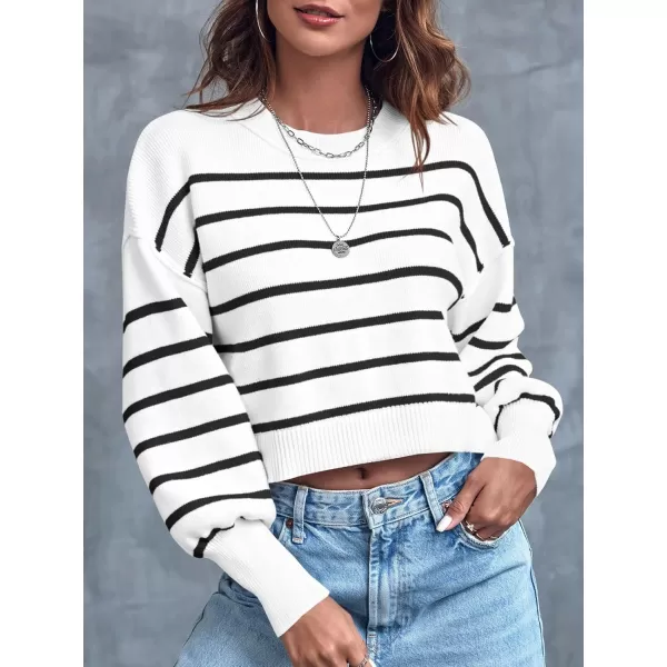 imageSaodimallsu Womens Cropped Striped Sweaters Oversized Batwing Long Sleeve Crew Neck Crop Tops Knit Pullover White