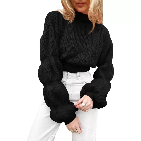 imageSaodimallsu Womens Cropped Turtleneck Sweater Balloon Sleeve Knit 2024 Fall Winter Jumper PulloverBlack