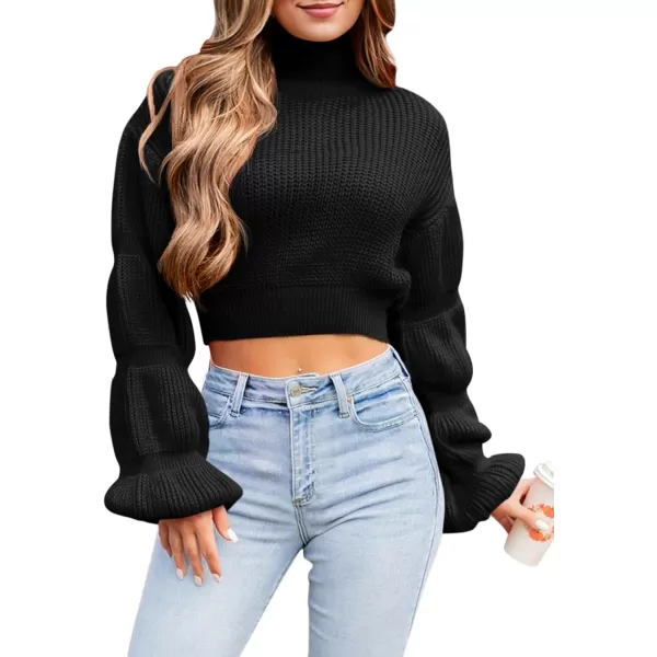 imageSaodimallsu Womens Cropped Turtleneck Sweater Balloon Sleeve Knit 2024 Fall Winter Jumper PulloverBlack