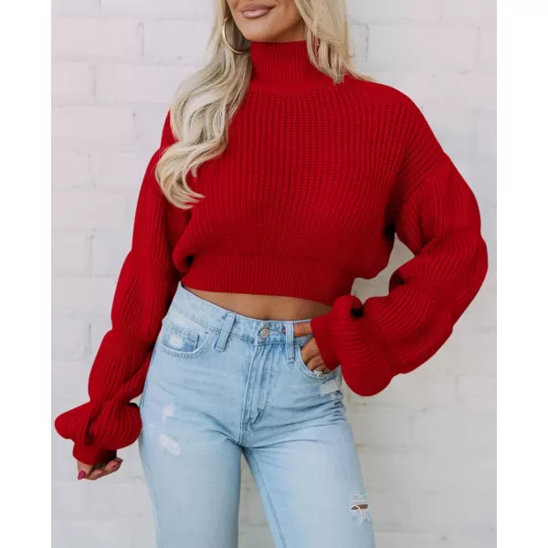 imageSaodimallsu Womens Cropped Turtleneck Sweater Balloon Sleeve Knit 2024 Fall Winter Jumper PulloverRed