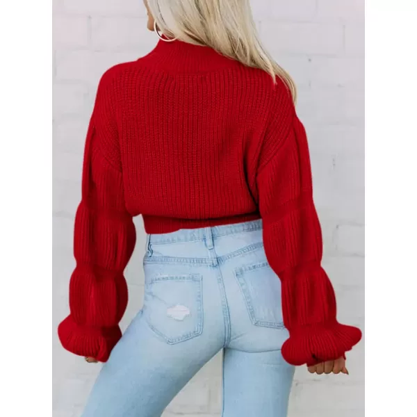 imageSaodimallsu Womens Cropped Turtleneck Sweater Balloon Sleeve Knit 2024 Fall Winter Jumper PulloverRed