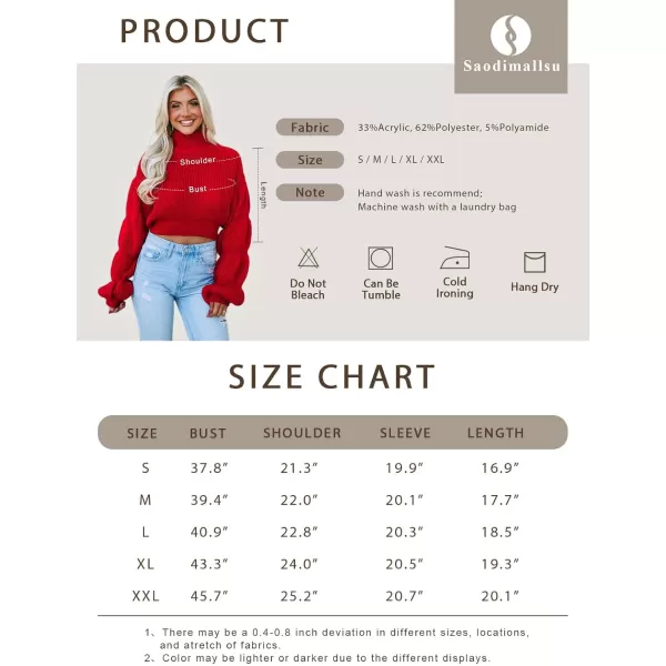 imageSaodimallsu Womens Cropped Turtleneck Sweater Balloon Sleeve Knit 2024 Fall Winter Jumper PulloverRed