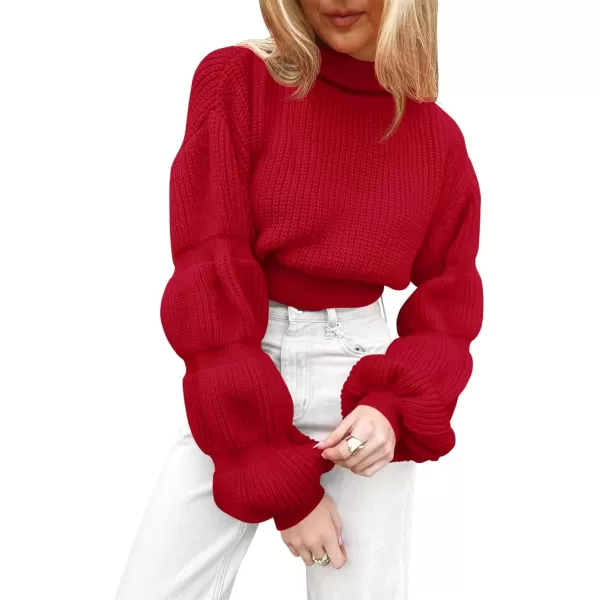 imageSaodimallsu Womens Cropped Turtleneck Sweater Balloon Sleeve Knit 2024 Fall Winter Jumper PulloverRed