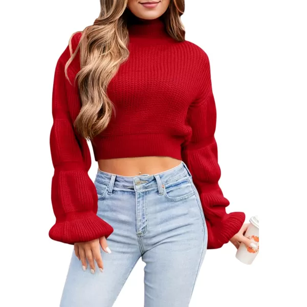 imageSaodimallsu Womens Cropped Turtleneck Sweater Balloon Sleeve Knit 2024 Fall Winter Jumper PulloverRed