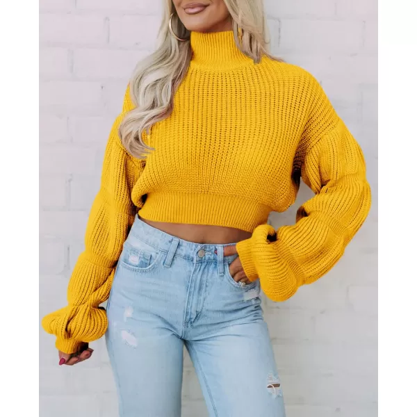 imageSaodimallsu Womens Cropped Turtleneck Sweater Balloon Sleeve Knit 2024 Fall Winter Jumper PulloverYellow