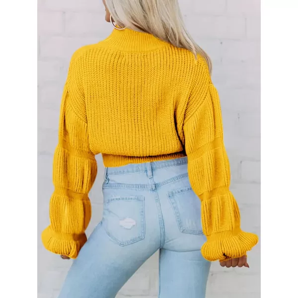 imageSaodimallsu Womens Cropped Turtleneck Sweater Balloon Sleeve Knit 2024 Fall Winter Jumper PulloverYellow