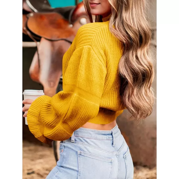 imageSaodimallsu Womens Cropped Turtleneck Sweater Balloon Sleeve Knit 2024 Fall Winter Jumper PulloverYellow