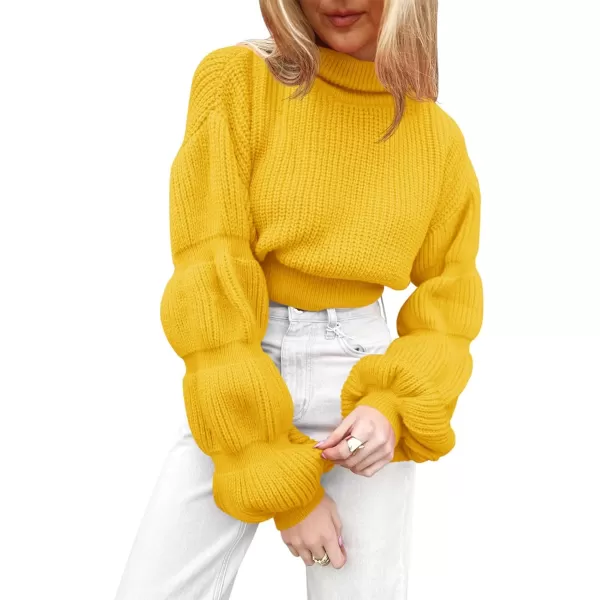 imageSaodimallsu Womens Cropped Turtleneck Sweater Balloon Sleeve Knit 2024 Fall Winter Jumper PulloverYellow