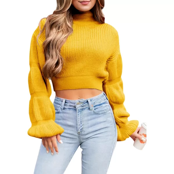 imageSaodimallsu Womens Cropped Turtleneck Sweater Balloon Sleeve Knit 2024 Fall Winter Jumper PulloverYellow