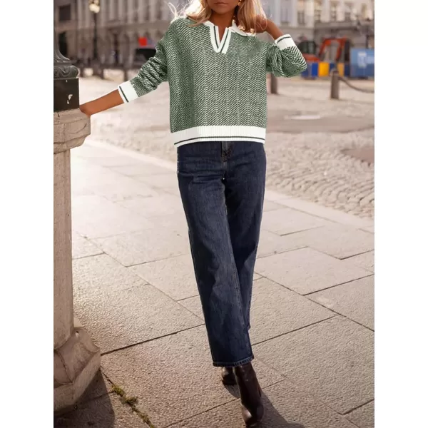 imageSaodimallsu Womens Fall Sweaters Tops Lapel V Neck Knit Sweater Color Block Long Sleeve Casual Soft Pullover ShirtArmy Green