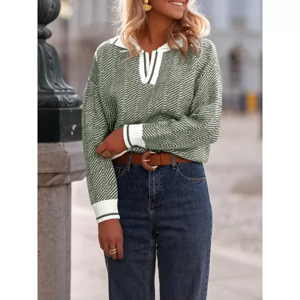 imageSaodimallsu Womens Fall Sweaters Tops Lapel V Neck Knit Sweater Color Block Long Sleeve Casual Soft Pullover ShirtArmy Green