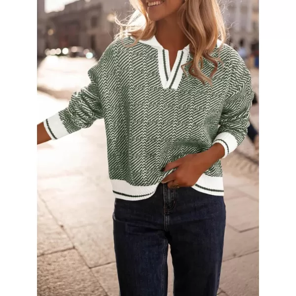 imageSaodimallsu Womens Fall Sweaters Tops Lapel V Neck Knit Sweater Color Block Long Sleeve Casual Soft Pullover ShirtArmy Green