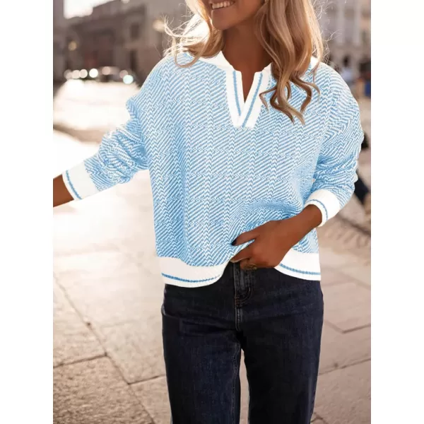 imageSaodimallsu Womens Fall Sweaters Tops Lapel V Neck Knit Sweater Color Block Long Sleeve Casual Soft Pullover ShirtLight Blue