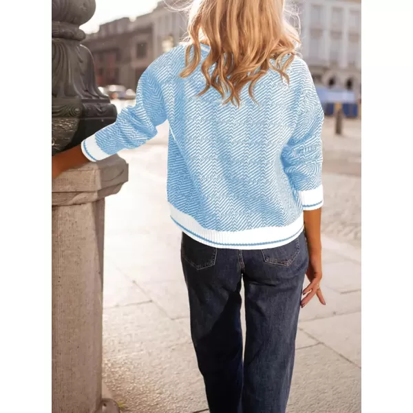 imageSaodimallsu Womens Fall Sweaters Tops Lapel V Neck Knit Sweater Color Block Long Sleeve Casual Soft Pullover ShirtLight Blue