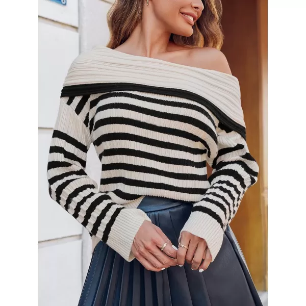 imageSaodimallsu Womens Off The Shoulder Sweater Striped Long Sleeve Boat Neck Ribbed Knit Preppy Loose Pullover TopsApricot