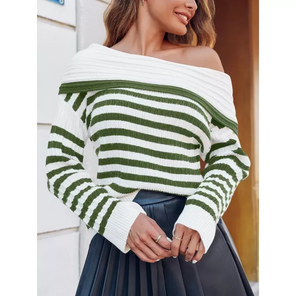 imageSaodimallsu Womens Off The Shoulder Sweater Striped Long Sleeve Boat Neck Ribbed Knit Preppy Loose Pullover TopsArmy Green