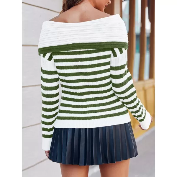 imageSaodimallsu Womens Off The Shoulder Sweater Striped Long Sleeve Boat Neck Ribbed Knit Preppy Loose Pullover TopsArmy Green