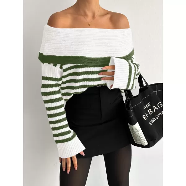 imageSaodimallsu Womens Off The Shoulder Sweater Striped Long Sleeve Boat Neck Ribbed Knit Preppy Loose Pullover TopsArmy Green