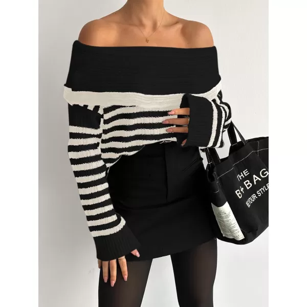 imageSaodimallsu Womens Off The Shoulder Sweater Striped Long Sleeve Boat Neck Ribbed Knit Preppy Loose Pullover TopsBlack