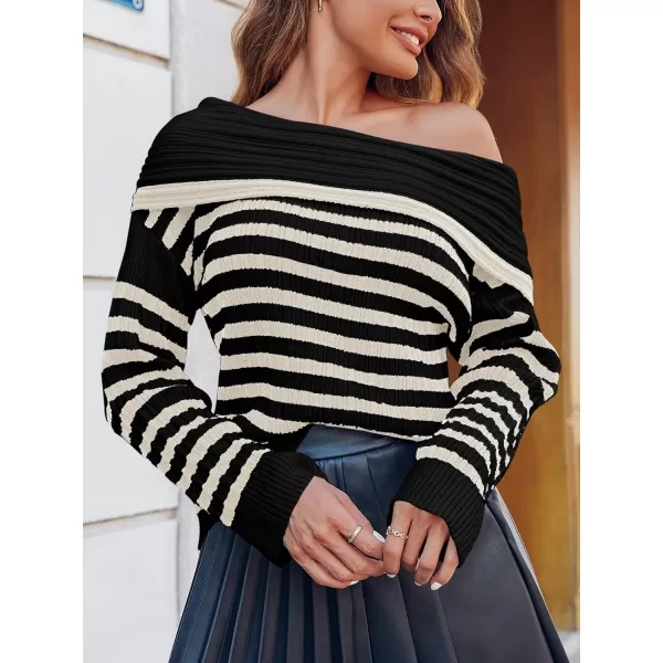 imageSaodimallsu Womens Off The Shoulder Sweater Striped Long Sleeve Boat Neck Ribbed Knit Preppy Loose Pullover TopsBlack