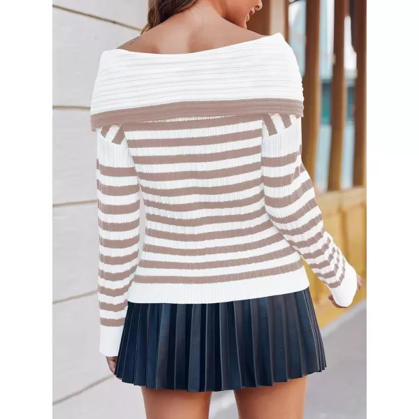 imageSaodimallsu Womens Off The Shoulder Sweater Striped Long Sleeve Boat Neck Ribbed Knit Preppy Loose Pullover TopsKhaki