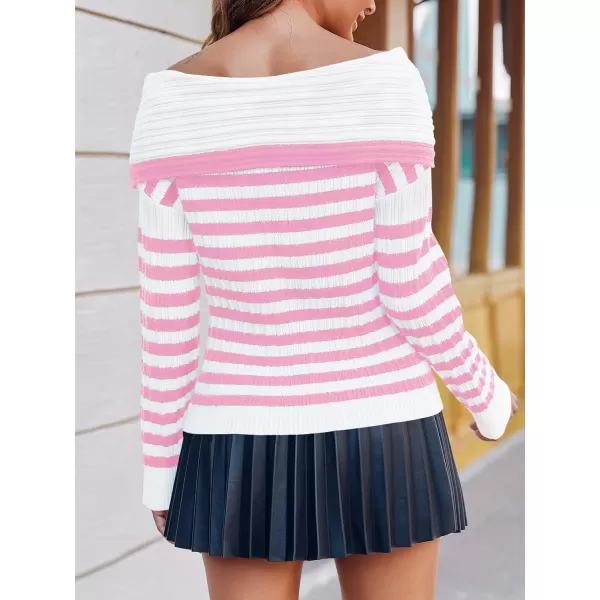 imageSaodimallsu Womens Off The Shoulder Sweater Striped Long Sleeve Boat Neck Ribbed Knit Preppy Loose Pullover TopsPink