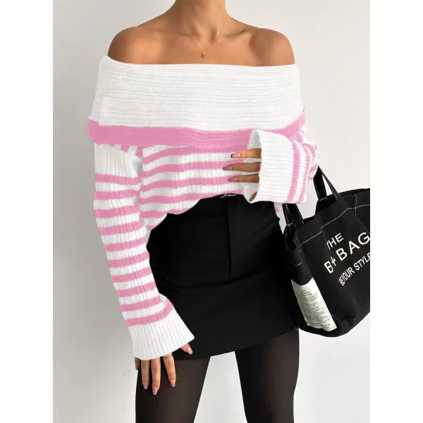 imageSaodimallsu Womens Off The Shoulder Sweater Striped Long Sleeve Boat Neck Ribbed Knit Preppy Loose Pullover TopsPink