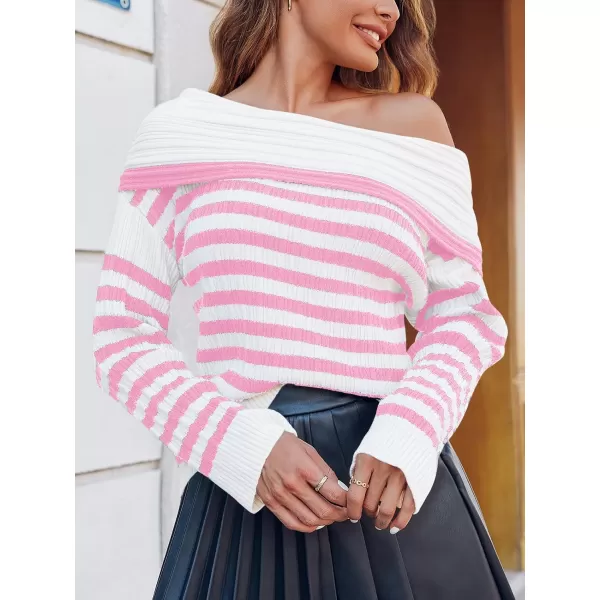 imageSaodimallsu Womens Off The Shoulder Sweater Striped Long Sleeve Boat Neck Ribbed Knit Preppy Loose Pullover TopsPink