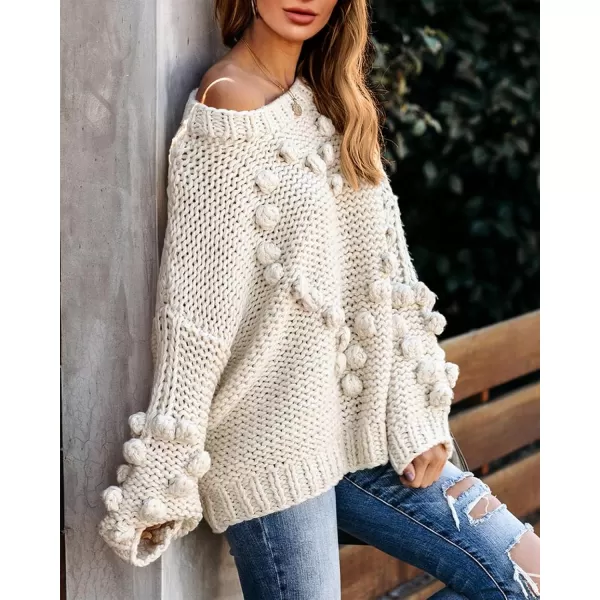 imageSaodimallsu Womens Oversized Chunky Sweaters Batwing Long Sleeve Crew Neck Dot Heart Cute Loose Knit Pullover Jumper TopWhite