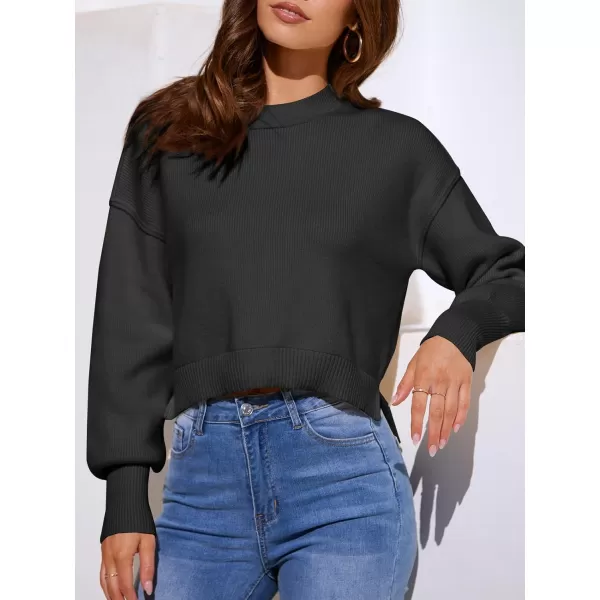 imageSaodimallsu Womens Oversized Cropped Sweaters Long Batwing Sleeve Crew Neck Pullover Ribbed Knit Jumper TopsBlack