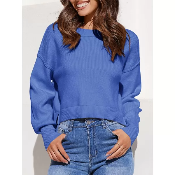 imageSaodimallsu Womens Oversized Cropped Sweaters Long Batwing Sleeve Crew Neck Pullover Ribbed Knit Jumper TopsBlue