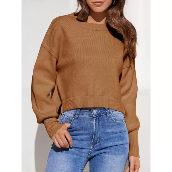 imageSaodimallsu Womens Oversized Cropped Sweaters Long Batwing Sleeve Crew Neck Pullover Ribbed Knit Jumper TopsBrown