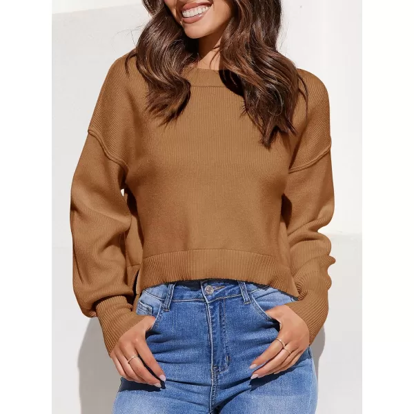 imageSaodimallsu Womens Oversized Cropped Sweaters Long Batwing Sleeve Crew Neck Pullover Ribbed Knit Jumper TopsBrown