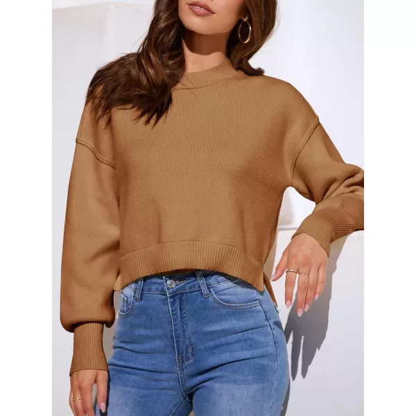 imageSaodimallsu Womens Oversized Cropped Sweaters Long Batwing Sleeve Crew Neck Pullover Ribbed Knit Jumper TopsBrown