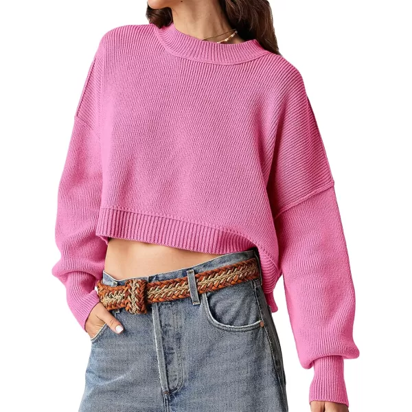 imageSaodimallsu Womens Oversized Cropped Sweaters Long Batwing Sleeve Crew Neck Pullover Ribbed Knit Jumper TopsHot Pink