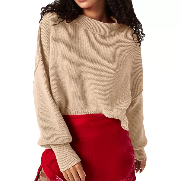 imageSaodimallsu Womens Oversized Cropped Sweaters Long Batwing Sleeve Crew Neck Pullover Ribbed Knit Jumper TopsKhaki