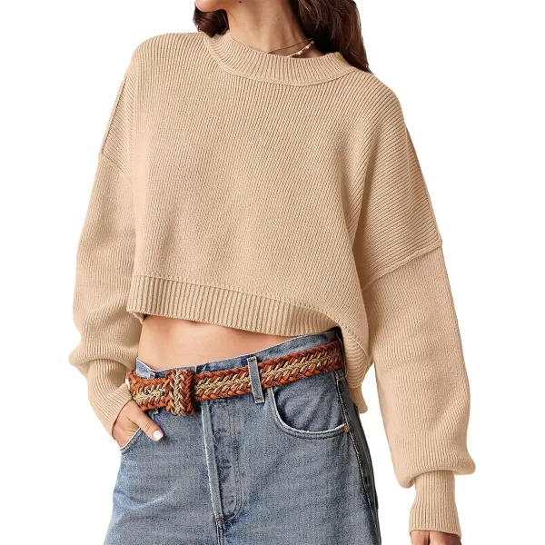 imageSaodimallsu Womens Oversized Cropped Sweaters Long Batwing Sleeve Crew Neck Pullover Ribbed Knit Jumper TopsKhaki