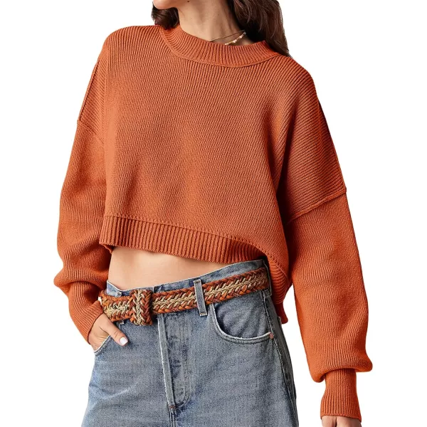 imageSaodimallsu Womens Oversized Cropped Sweaters Long Batwing Sleeve Crew Neck Pullover Ribbed Knit Jumper TopsOrange