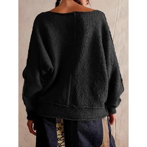 imageSaodimallsu Womens Oversized Pullover Sweater Long Lantern Sleeve Crew Neck Trendy Loose Knit Fall Casual Jumper TopsBlack