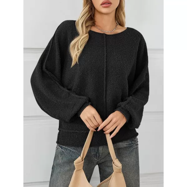 imageSaodimallsu Womens Oversized Pullover Sweater Long Lantern Sleeve Crew Neck Trendy Loose Knit Fall Casual Jumper TopsBlack