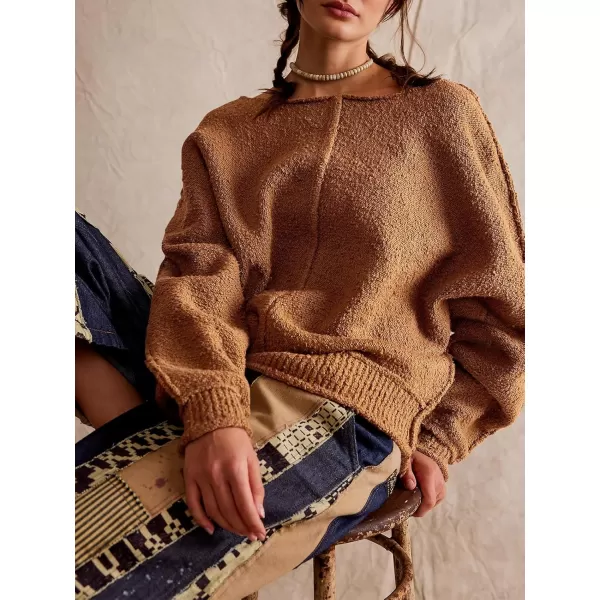 imageSaodimallsu Womens Oversized Pullover Sweater Long Lantern Sleeve Crew Neck Trendy Loose Knit Fall Casual Jumper TopsBrown