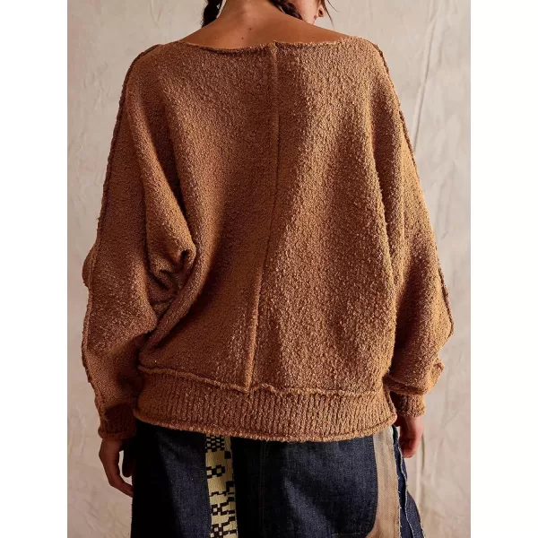 imageSaodimallsu Womens Oversized Pullover Sweater Long Lantern Sleeve Crew Neck Trendy Loose Knit Fall Casual Jumper TopsBrown