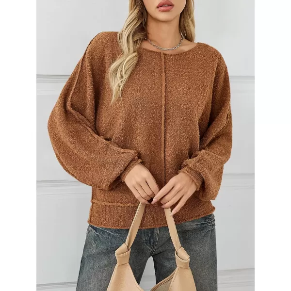 imageSaodimallsu Womens Oversized Pullover Sweater Long Lantern Sleeve Crew Neck Trendy Loose Knit Fall Casual Jumper TopsBrown