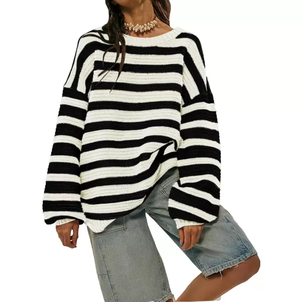 imageSaodimallsu Womens Striped Oversized Sweater Fall Slouchy Long Sleeve Ribbed Knit Pullover Sweaters Tops Black and White