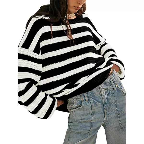 imageSaodimallsu Womens Striped Oversized Sweater Fall Slouchy Long Sleeve Ribbed Knit Pullover Sweaters Tops Black and White