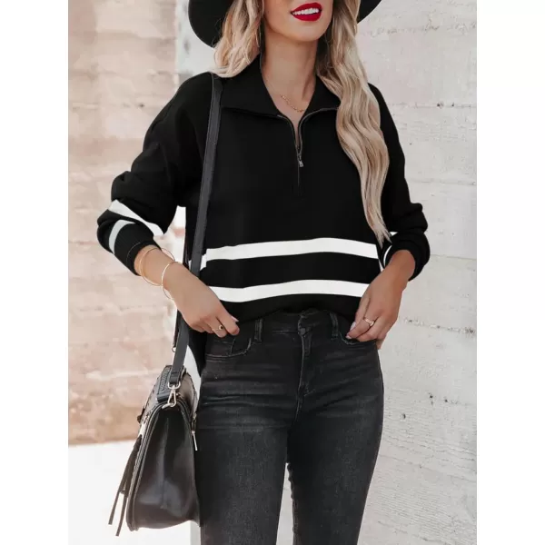 imageSaodimallsu Womens Striped Quarter Zip Pullover Sweater 2023 Fall Collared Long Sleeve Sweaters Knit Tops Black