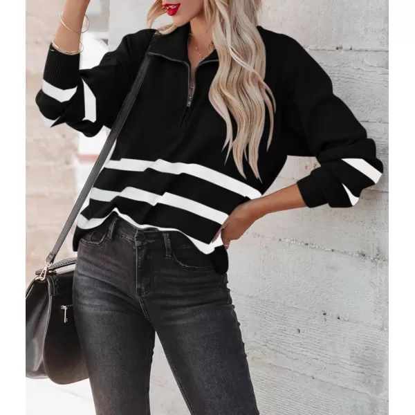 imageSaodimallsu Womens Striped Quarter Zip Pullover Sweater 2023 Fall Collared Long Sleeve Sweaters Knit Tops Black